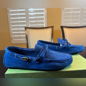 New Authentic Gucci GG Logo Navy Suede Loafers Drivers Shoes UK 9 / US 9.5